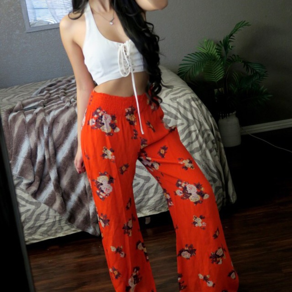Free People Floral Wide Leg Orange Pants Trousers